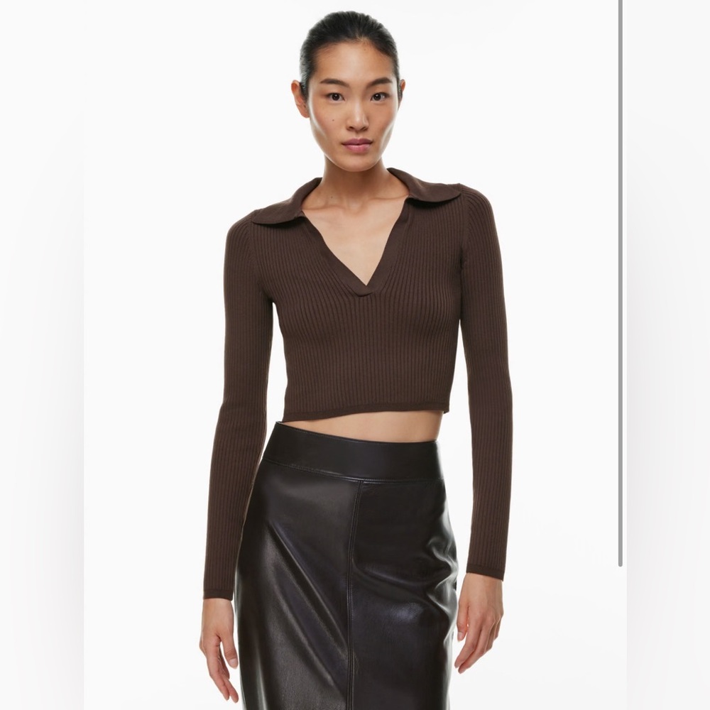 Babaton Brown Ribbed Polo Crop Top